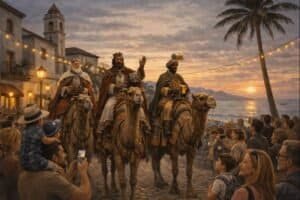 Colorful scene of camel riders and lively crowd at sunset in Adeje.