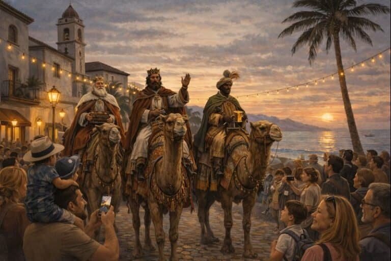 Colorful scene of camel riders and lively crowd at sunset in Adeje.