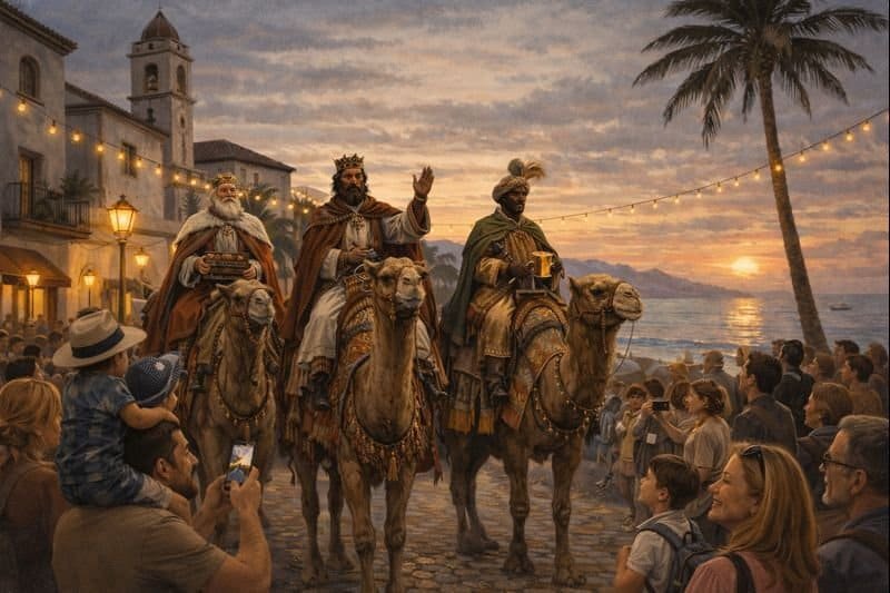 Colorful scene of camel riders and lively crowd at sunset in Adeje.