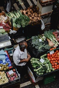 Overhead shot of a bustling farmers market