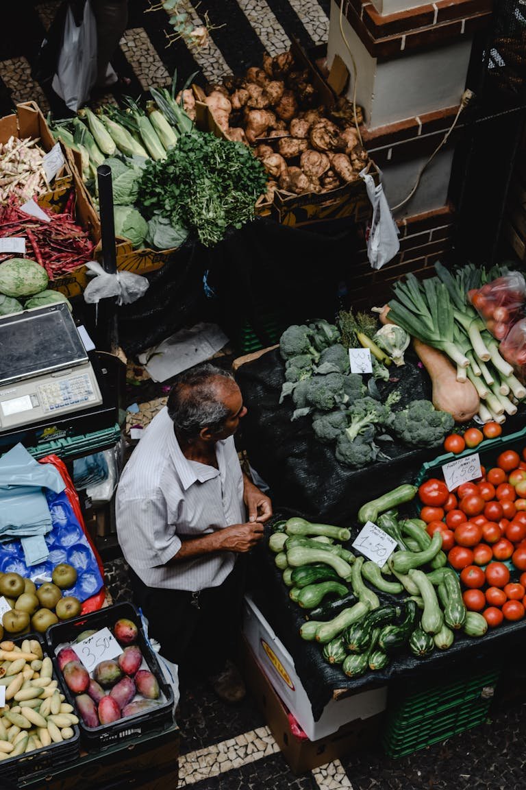 Overhead shot of a bustling farmers market