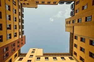Upward view of colorful symmetrical courtyard