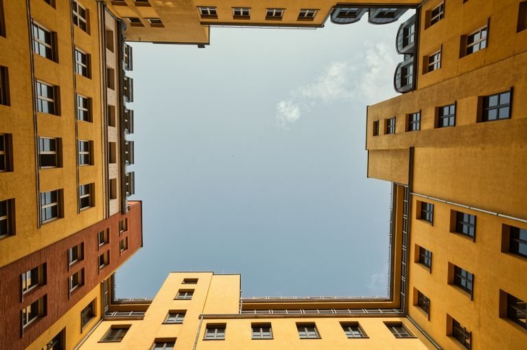 Upward view of colorful symmetrical courtyard