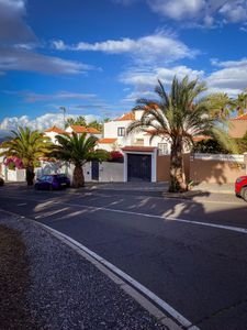 Sunny street view with palm trees in Canary Islands, Spain.