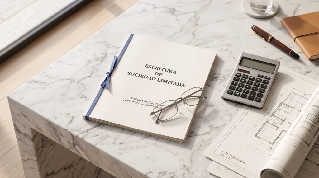 High-end architectural plans, a Spanish corporate deed (Escritura de Constitución), and a calculator resting on a marble table in a luxury Costa Adeje villa.
