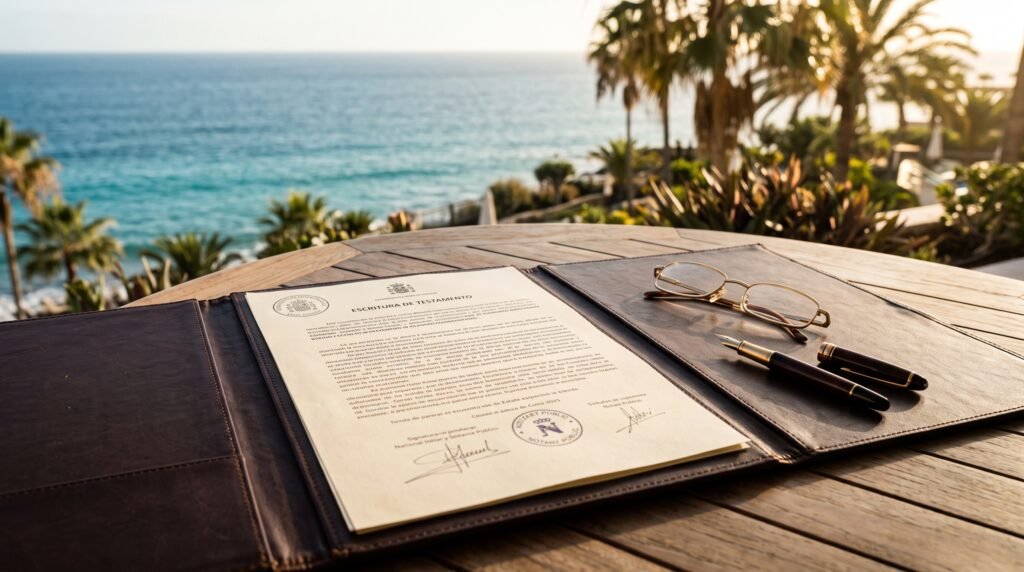 Elegant modern villa in Costa Adeje with family estate planning documents and warm natural light.