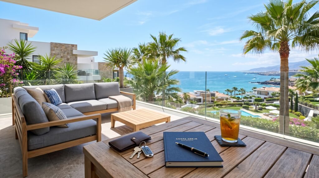 Modern apartment terrace in a gated complex in Costa Adeje with ocean views, house keys, and a financial tablet.
