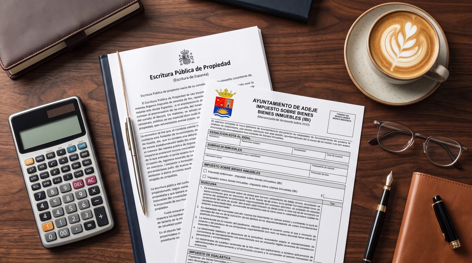 A calculator, Spanish tax forms, and a Costa Adeje property deed resting on a modern desk.