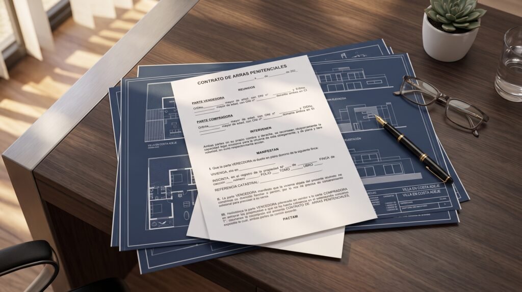 A luxury Montblanc pen resting on a signed Spanish Contrato de Arras document next to a modern Costa Adeje architectural blueprint.