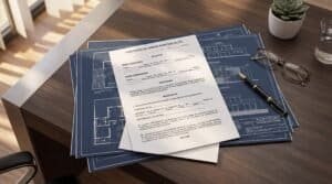A luxury Montblanc pen resting on a signed Spanish Contrato de Arras document next to a modern Costa Adeje architectural blueprint.