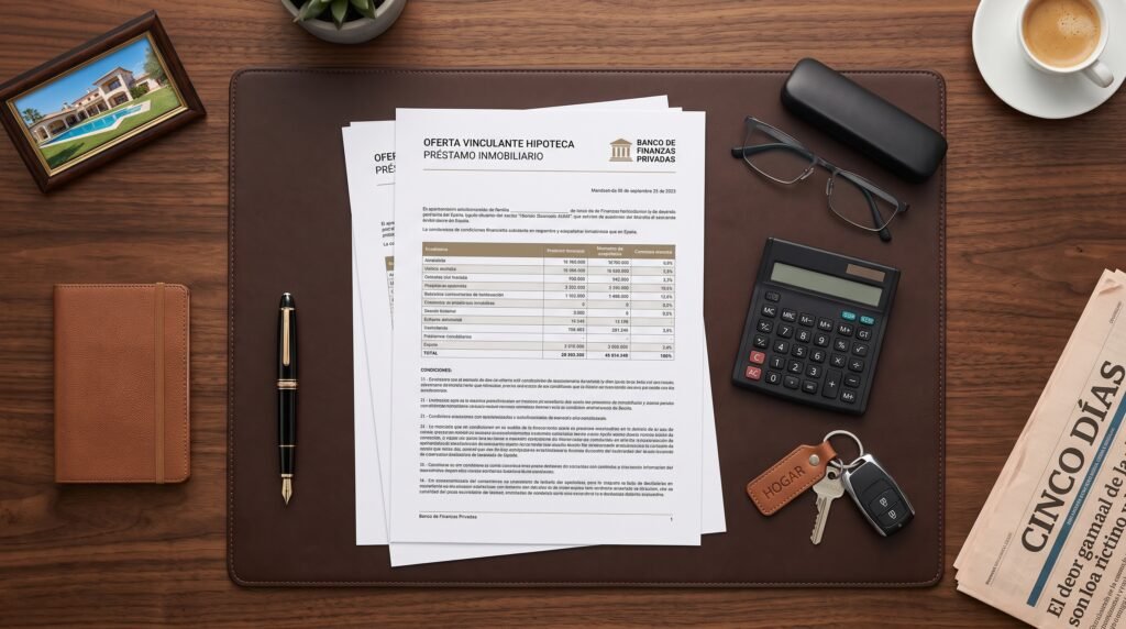 A financial document portfolio showing a Spanish mortgage application next to keys and a calculator on a dark desk.