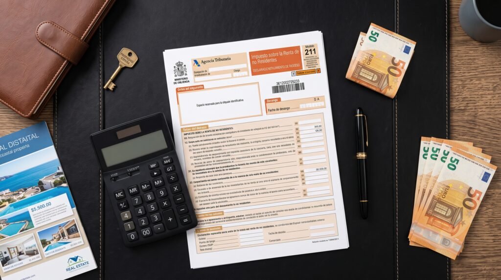 A close-up of a Spanish Modelo 211 tax form and a calculator resting on a desk with Euros.