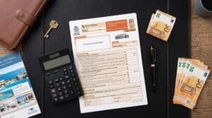 A close-up of a Spanish Modelo 211 tax form and a calculator resting on a desk with Euros.