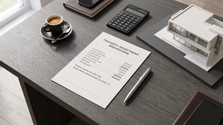 A side-by-side financial comparison chart of Spanish property taxes next to a modern architectural model of a Tenerife villa and a calculator.