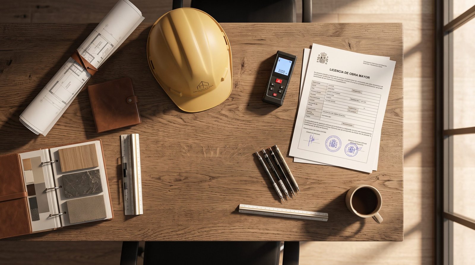 A rolled architectural blueprint, a yellow hard hat, and a Spanish Town Hall permit document resting on a wooden table.