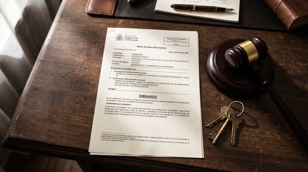 A close-up of a Spanish property registry document stamped with "Embargo" next to a set of keys and a judge's gavel.