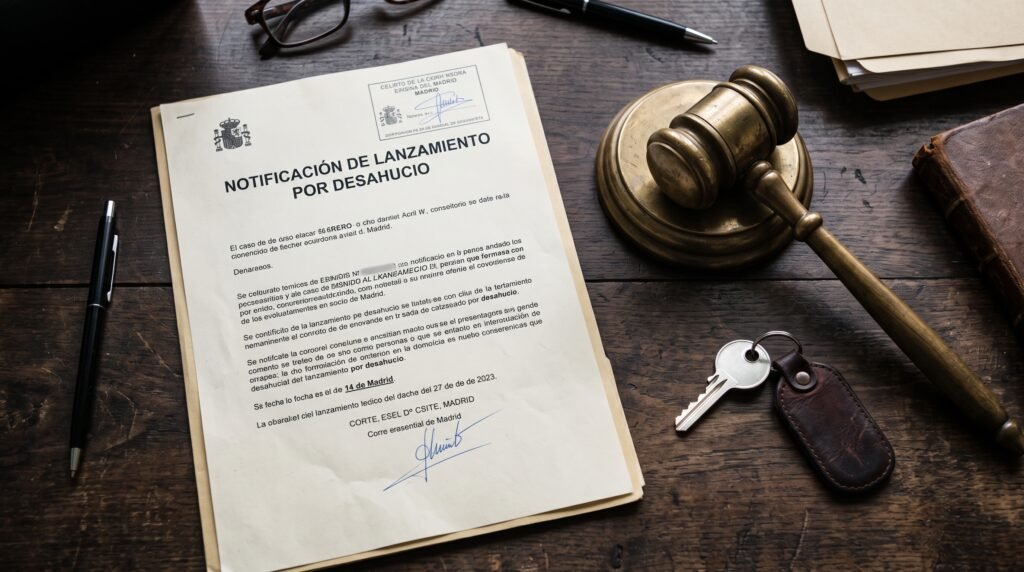 A Spanish court document stamped with "Desahucio" resting on a desk alongside a set of house keys and a wooden gavel.