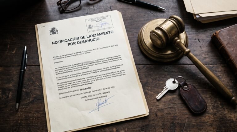 A Spanish court document stamped with "Desahucio" resting on a desk alongside a set of house keys and a wooden gavel.