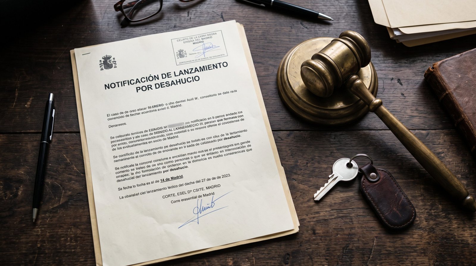 A Spanish court document stamped with "Desahucio" resting on a desk alongside a set of house keys and a wooden gavel.