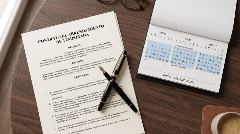 A pen signing a Spanish Contrato de Temporada next to a calendar highlighting a 3-month rental period.