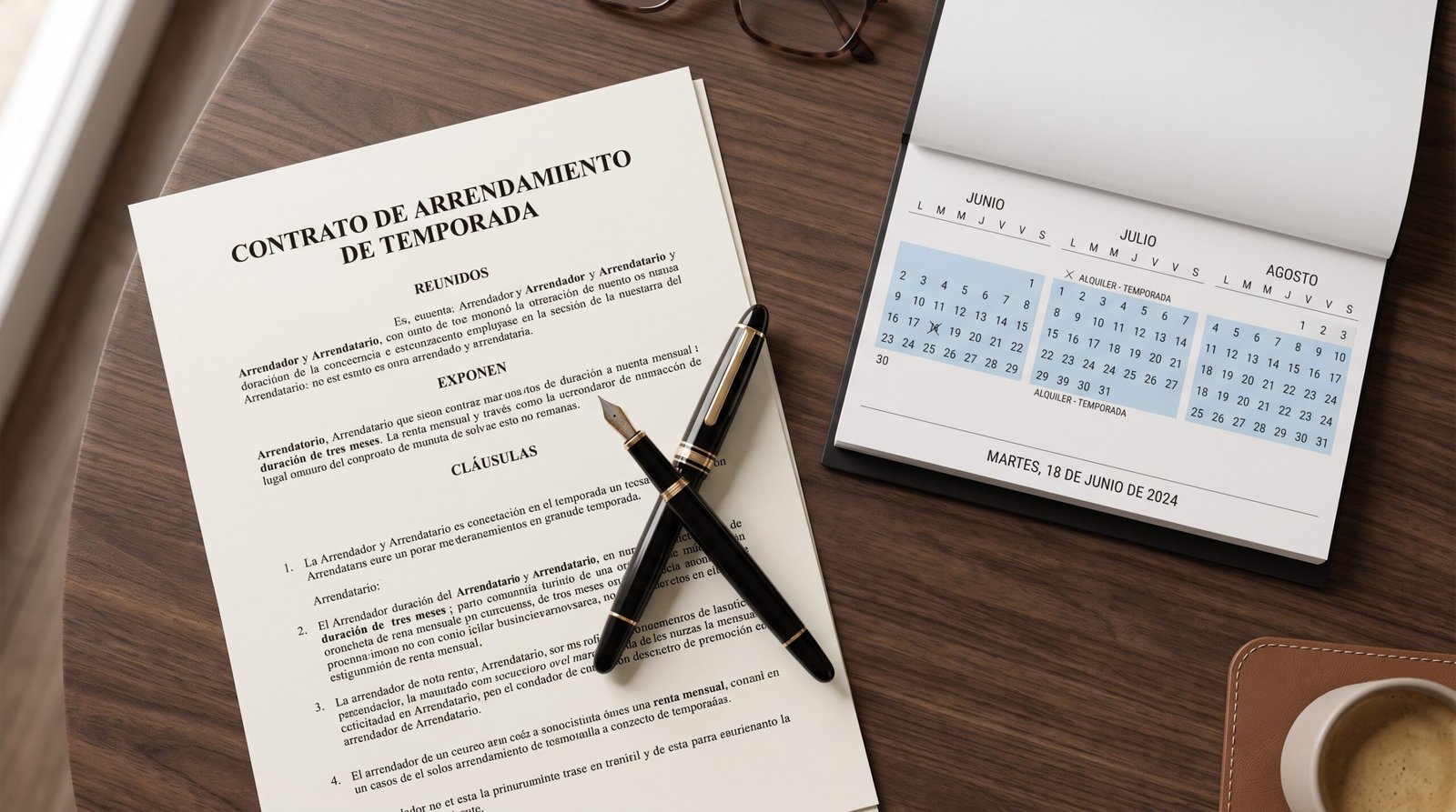 A pen signing a Spanish Contrato de Temporada next to a calendar highlighting a 3-month rental period.