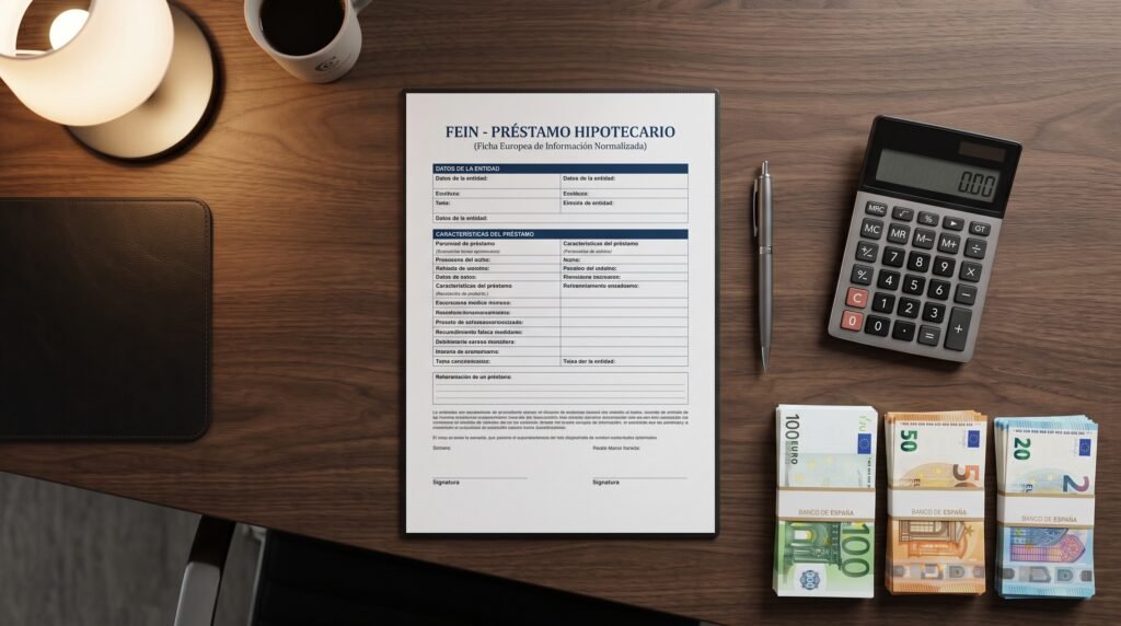 A sleek calculator, European Euro banknotes, and a Spanish bank mortgage document resting on a modern desk.
