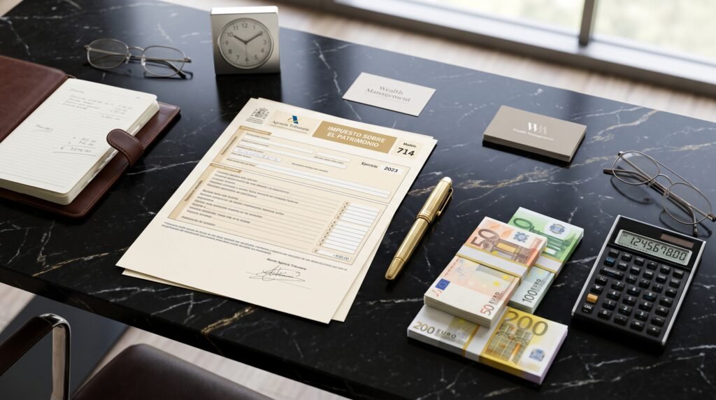 A high-end financial dossier alongside a Spanish tax form, a modern calculator, and European Euro notes on a dark marble desk.