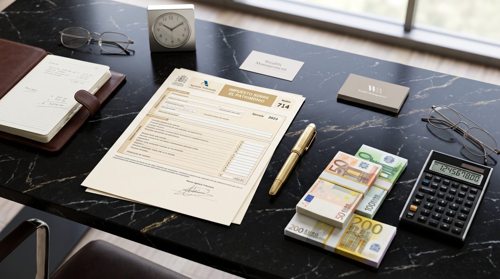A high-end financial dossier alongside a Spanish tax form, a modern calculator, and European Euro notes on a dark marble desk.