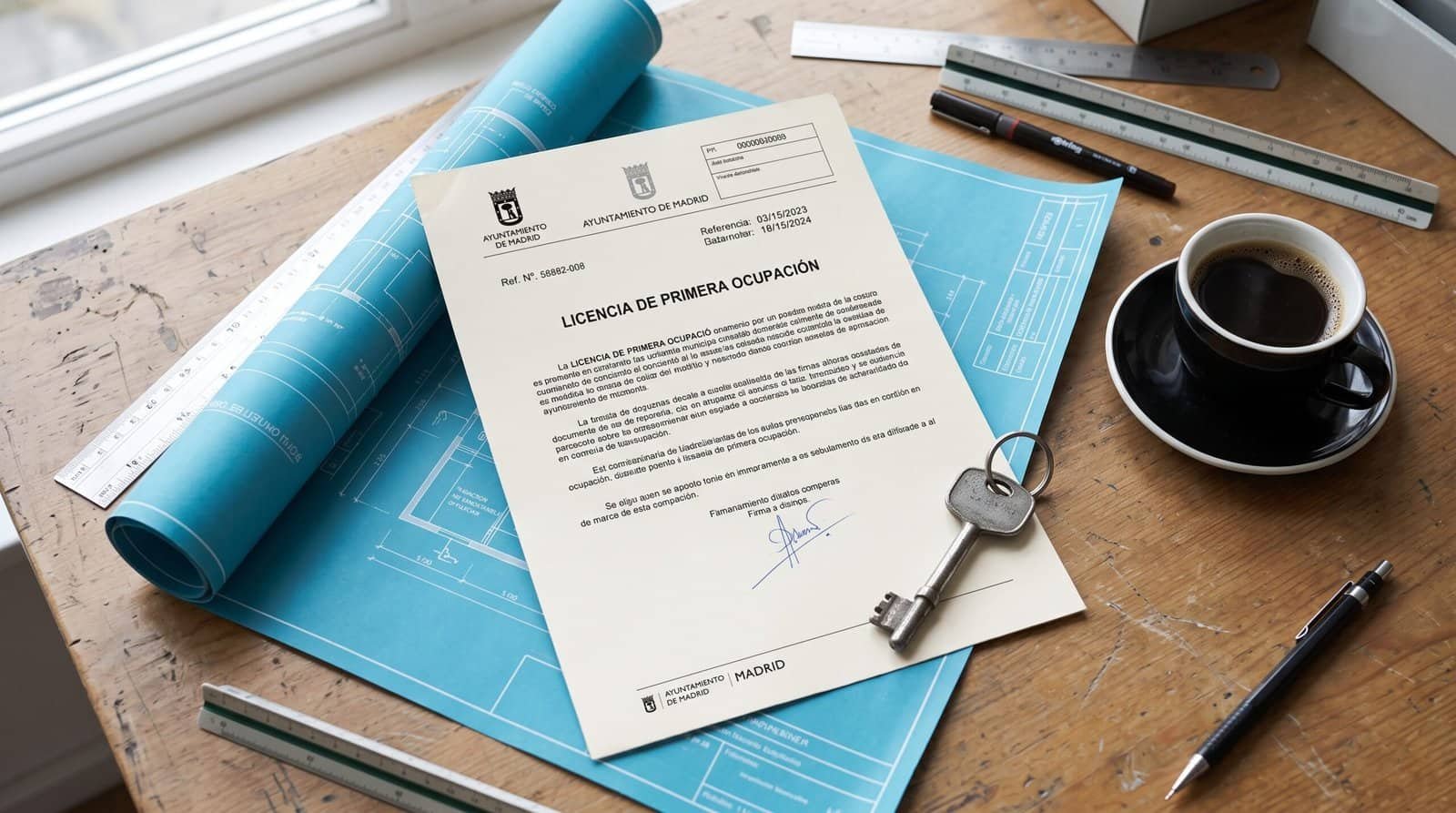 An official Spanish municipal license stamped by the Ayuntamiento next to a set of house keys and an architectural blueprint.