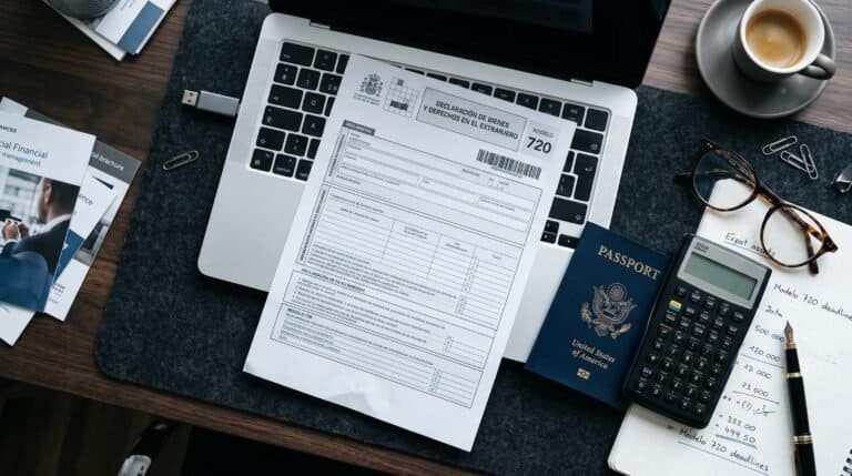 A Spanish Hacienda tax form Modelo 720 resting on a laptop keyboard alongside a passport, a calculator, and reading glasses.