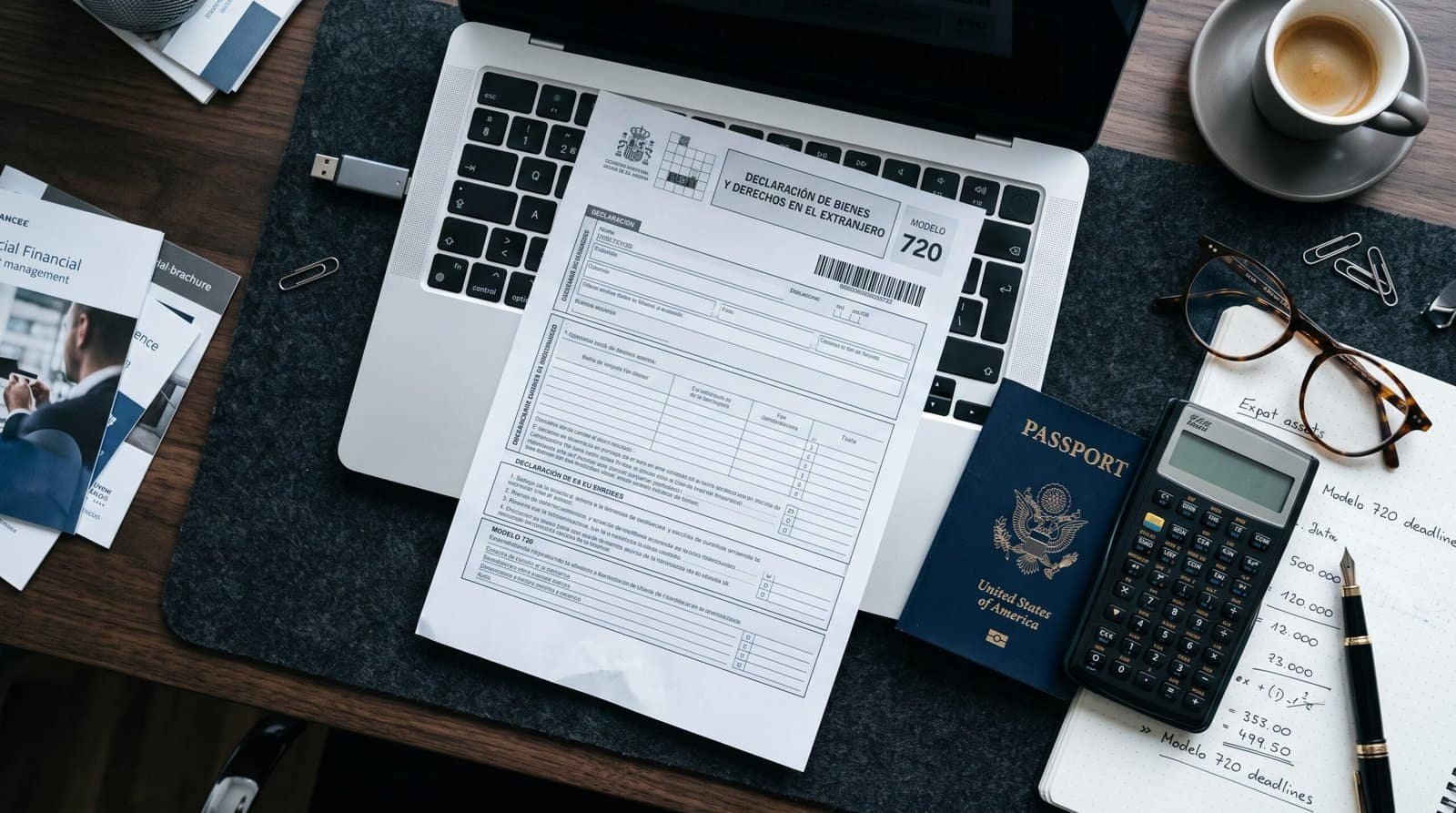 A Spanish Hacienda tax form Modelo 720 resting on a laptop keyboard alongside a passport, a calculator, and reading glasses.
