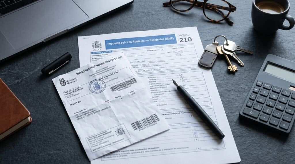 An official Spanish tax document Modelo 210 placed next to an Adeje municipal IBI tax receipt, a calculator, and a set of villa keys.