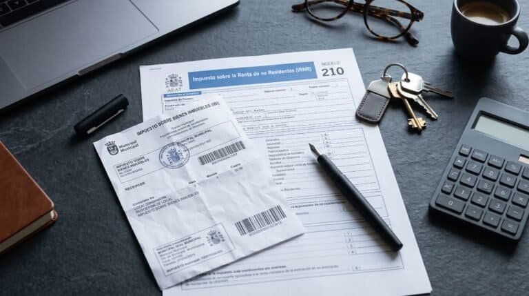 An official Spanish tax document Modelo 210 placed next to an Adeje municipal IBI tax receipt, a calculator, and a set of villa keys.