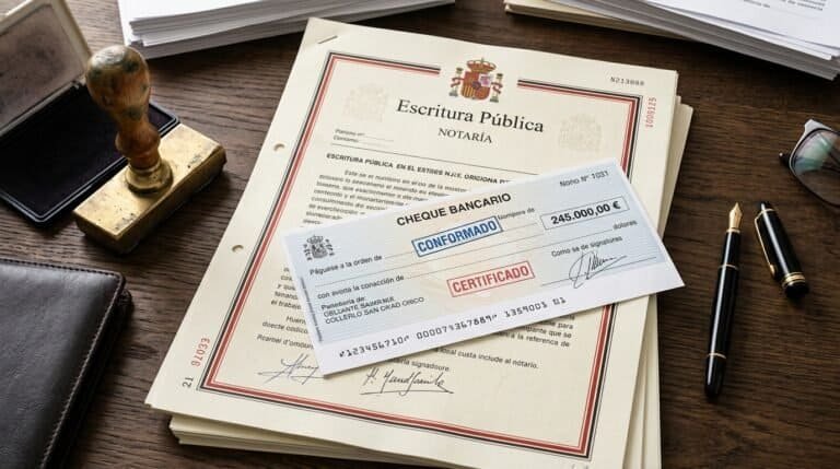 A certified Spanish bank draft (cheque bancario) placed on top of a property title deed alongside a Notary's seal and a pen.