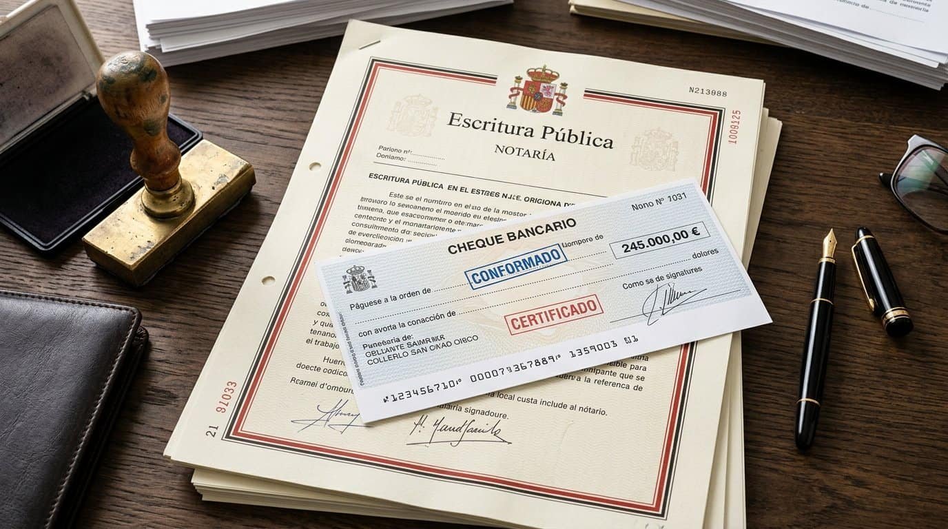 A certified Spanish bank draft (cheque bancario) placed on top of a property title deed alongside a Notary's seal and a pen.