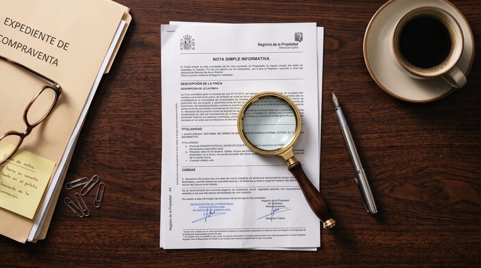 An official Spanish Land Registry document titled "Nota Simple Informativa" resting on a desk next to a magnifying glass and a silver pen.