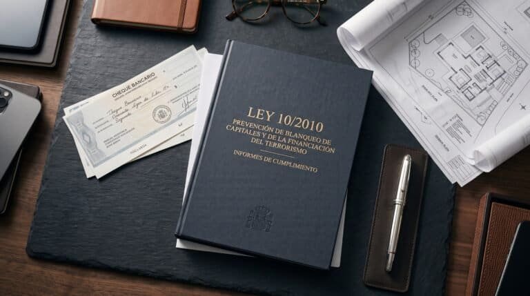 An official Spanish compliance dossier stamped "Ley 10/2010" resting beside a certified bank draft, a Montblanc pen, and architectural villa blueprints.