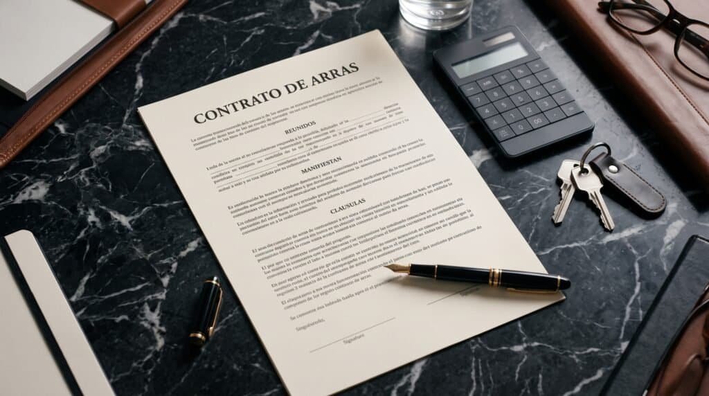 A signed Spanish Contrato de Arras document next to a luxury pen and a calculator.