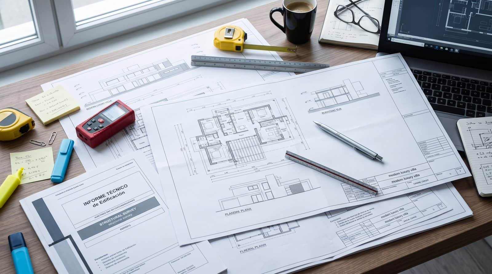 A technical architectural blueprint of a villa next to a hard hat, measuring tools, and a Spanish technical survey report.