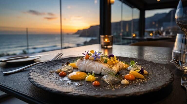 An exquisitely plated Michelin-star gourmet seafood dish on a dark stone plate with ocean views of Costa Adeje in the background.