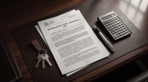 A close-up of a Spanish legal document highlighting LAU modifications, placed next to a modern calculator and house keys.