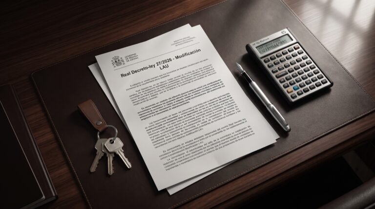 A close-up of a Spanish legal document highlighting LAU modifications, placed next to a modern calculator and house keys.