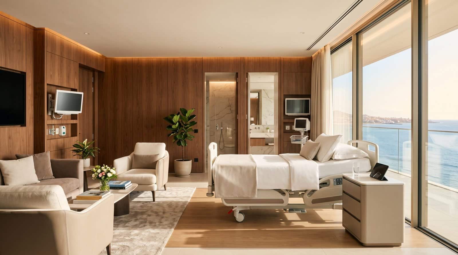 A modern, brightly lit private hospital room in Tenerife featuring high-end medical equipment and a view of the Atlantic Ocean.