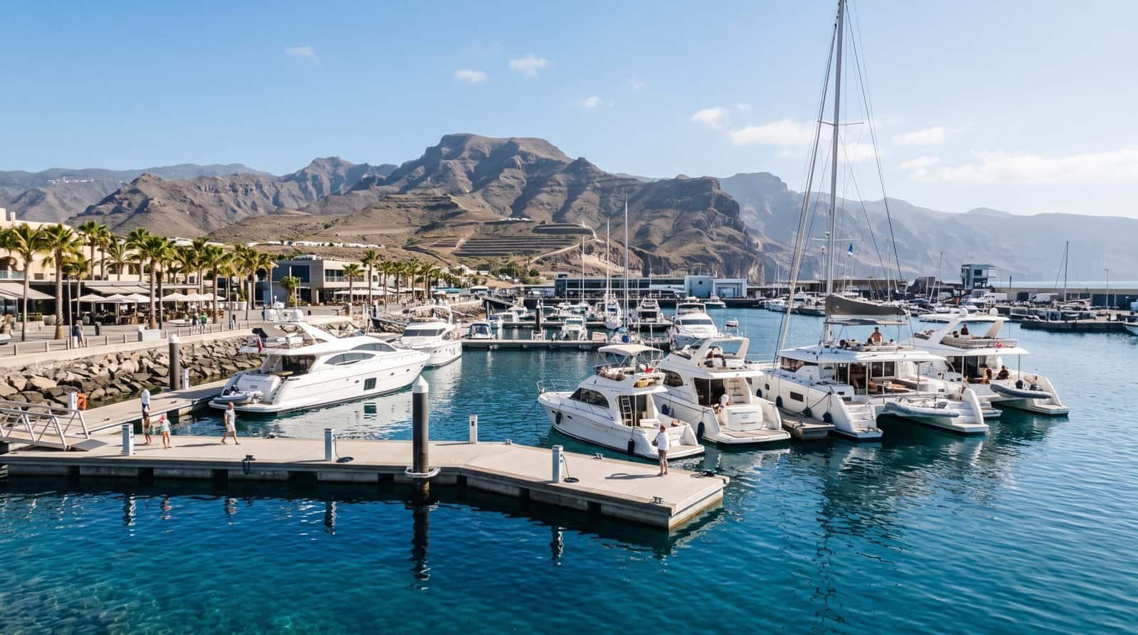 A luxury motor yacht moored in a modern Tenerife marina with clear blue Atlantic waters and volcanic mountains in the background.