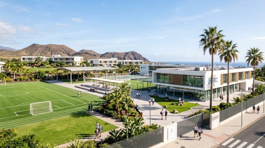 A modern, sunny international school campus in Tenerife featuring green sports fields and students in uniform.