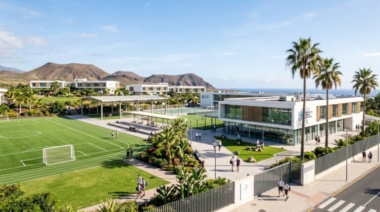 A modern, sunny international school campus in Tenerife featuring green sports fields and students in uniform.