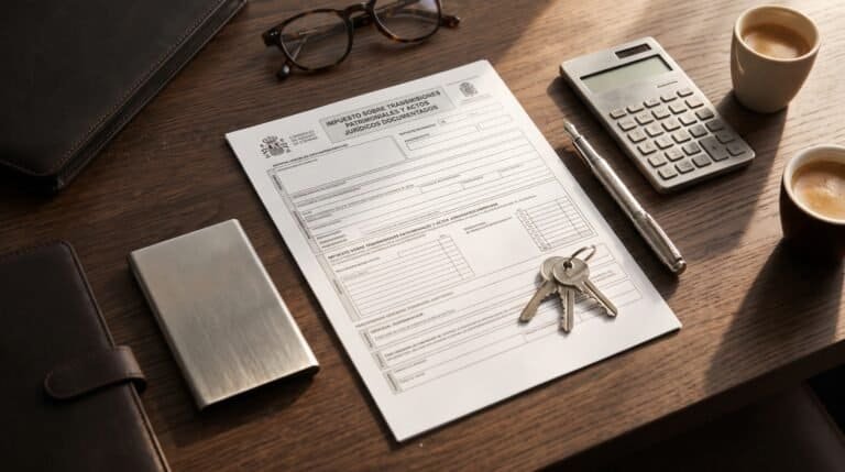 A sleek calculator resting on top of official Spanish tax documents, next to a set of modern house keys and a pen.