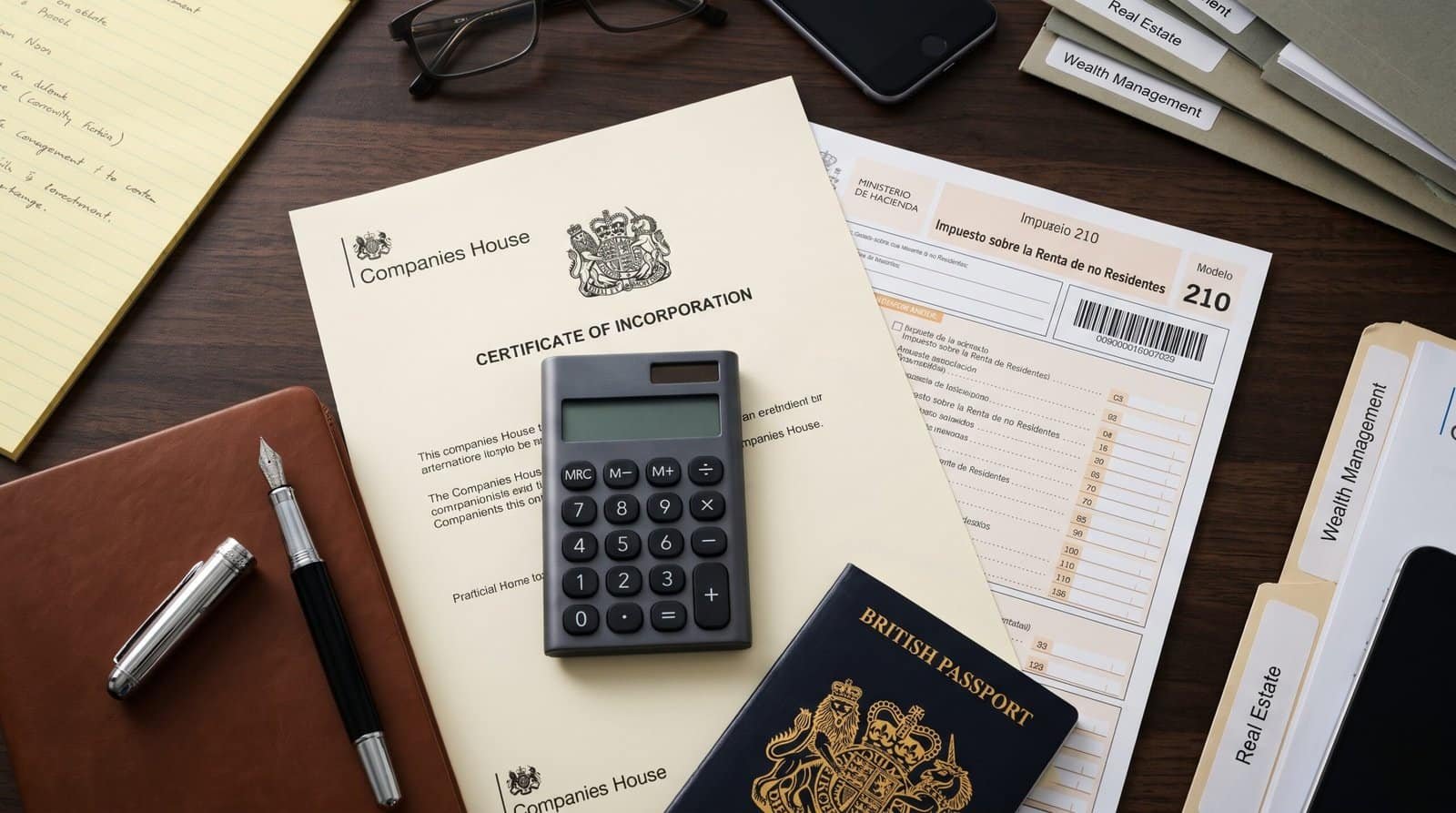 A British passport and UK Companies House documents resting next to official Spanish tax forms and a modern calculator.