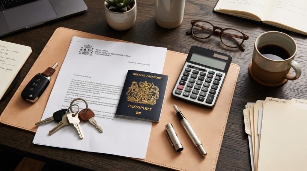 A British passport and a Spanish residency card resting on a desk next to luxury house keys and legal immigration documents.